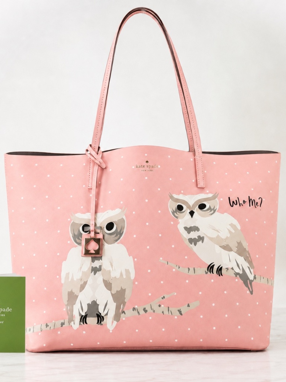 Retired Kate Spade New York “Who Me?” owl tote with Care Card. - Picture 3 of 12